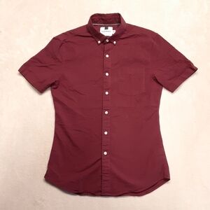 Topman Mens Short Sleeve Button Down Shirt M Burgundy Cotton Spandex Chest 38-40